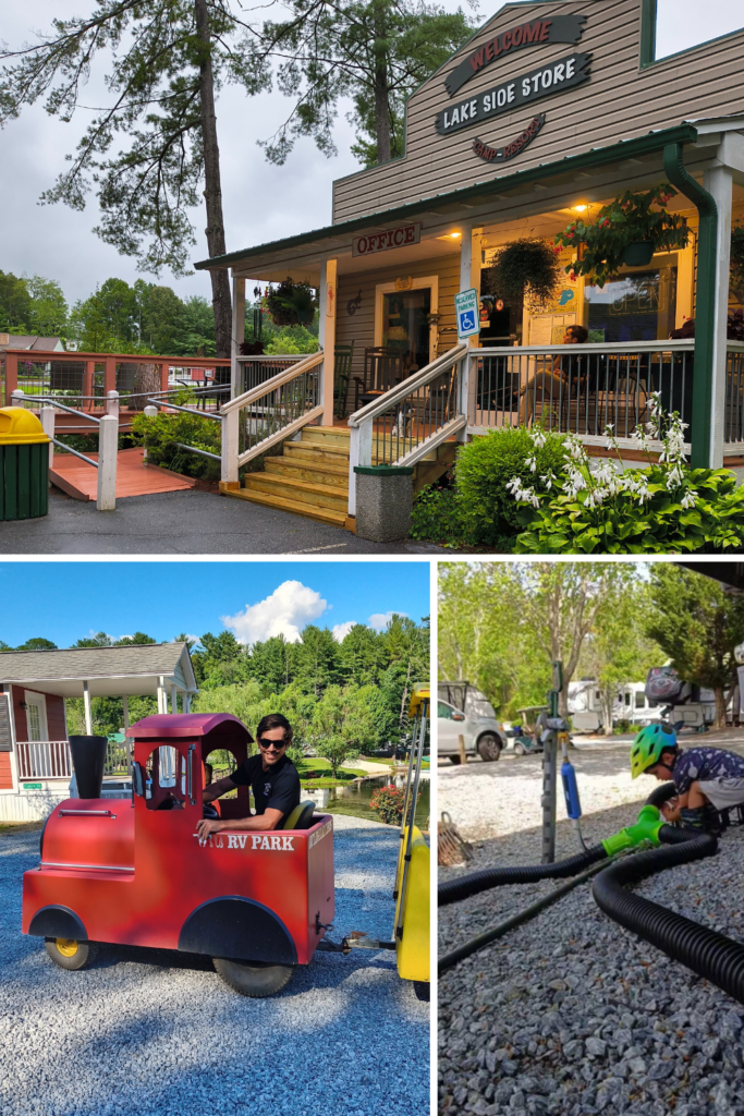Collage showing our workamping day my husband as the train conductor, my son helping empty the RV gray tank, and the campground store where we handle reservations and merchandise.
