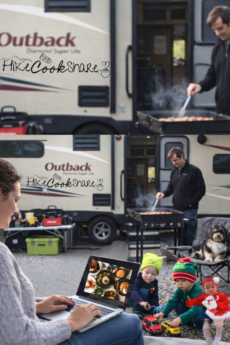 Kids playing outside the RV while mom works remotely, showing real RV life with kids