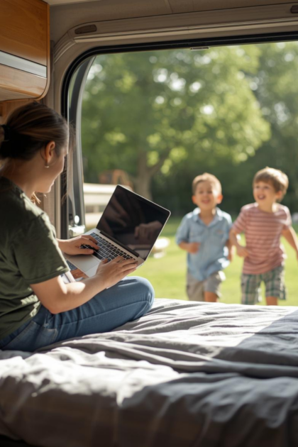Kids playing outside the RV while mom works remotely, showing real RV life with kids