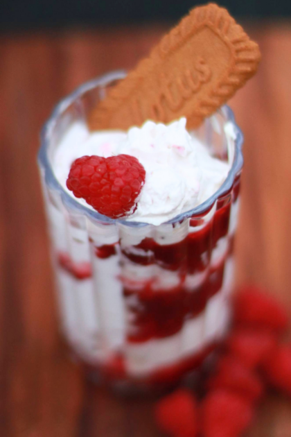 Healthy raspberry parfait recipe easy no bake made with Greek yogurt and fresh raspberries in a glass