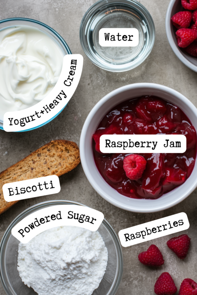 Ingredients for raspberry parfait recipe easy no bake with fresh raspberries and cream cheese
