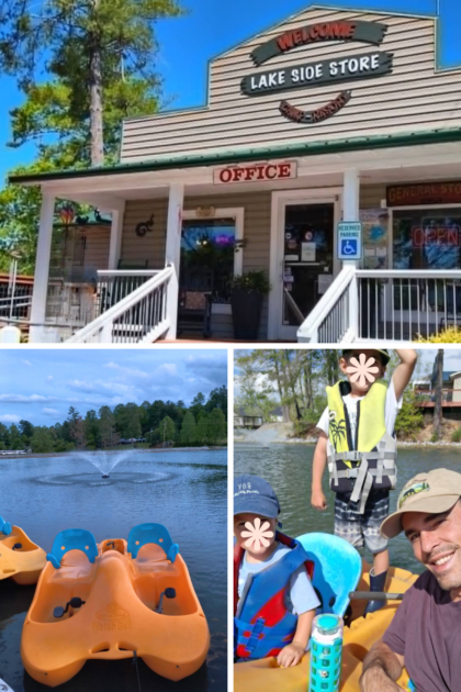 Family enjoying paddle boats at Rutledge Lake RV Park, one of the family RV parks near Asheville with lake access
