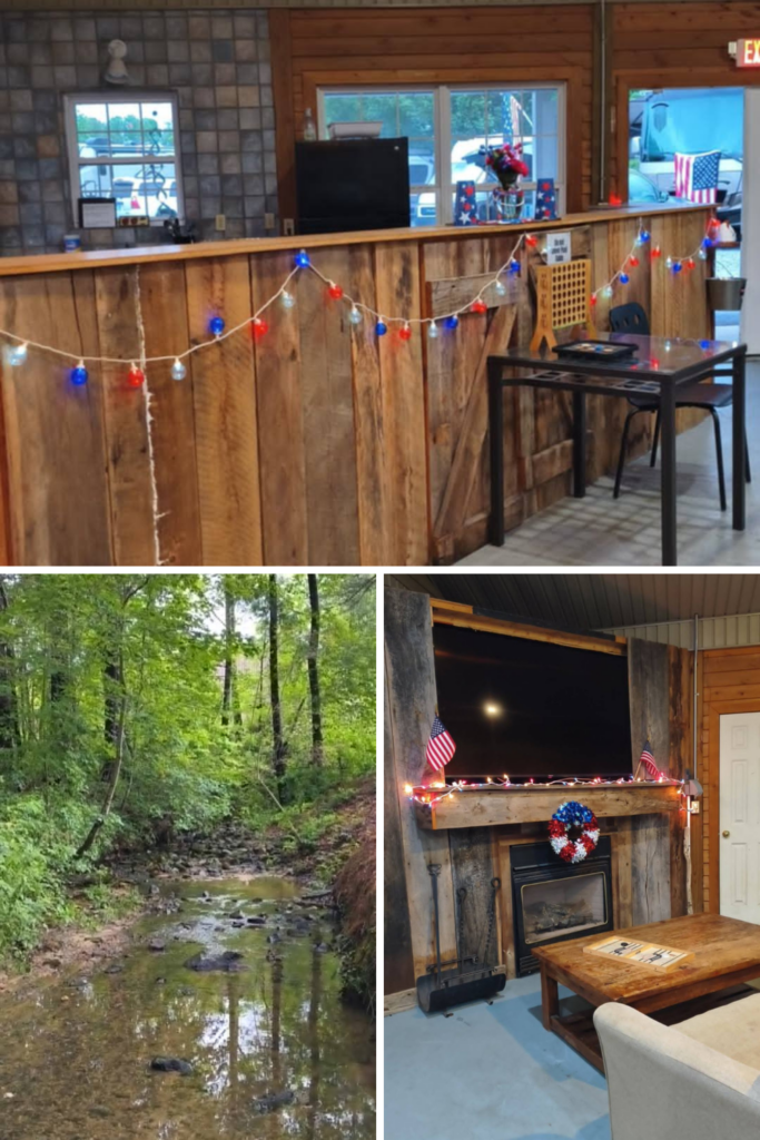 Rec hall with fireplace, full kitchen, ping pong tables, pool, and creek at Asheville area RV park