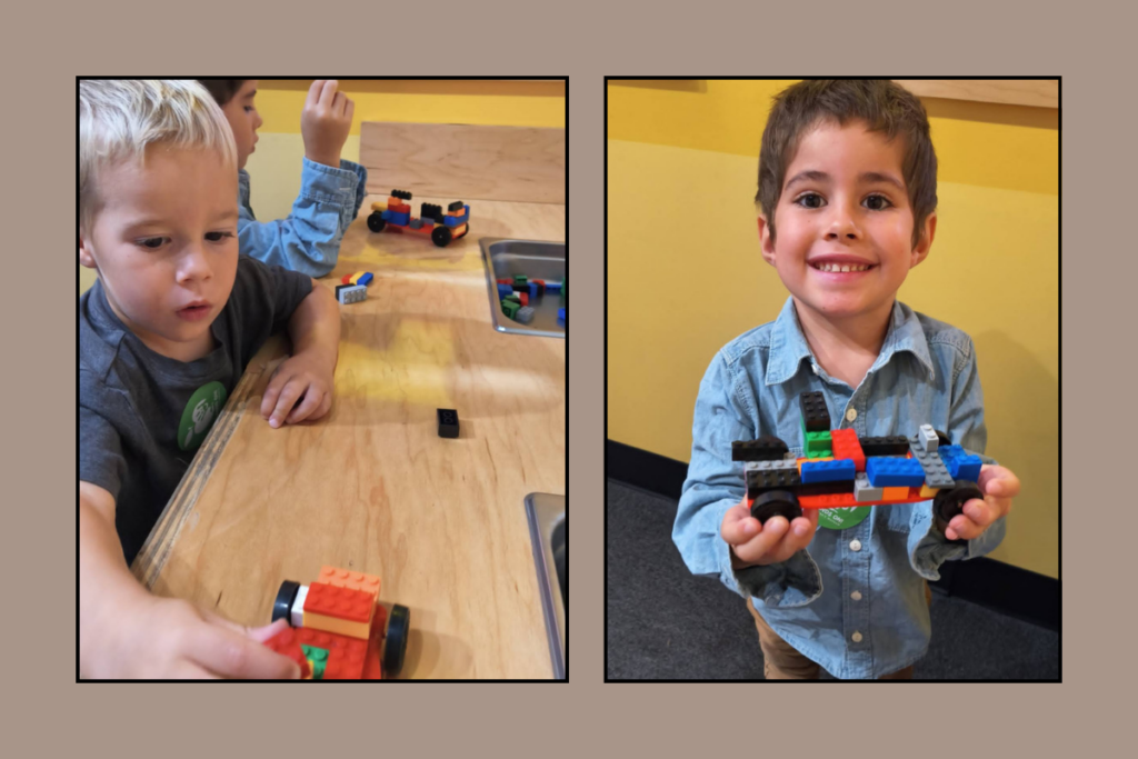 Children building Lego cars during RV homeschooling activities that encourage creativity, problem solving, and hands-on learning