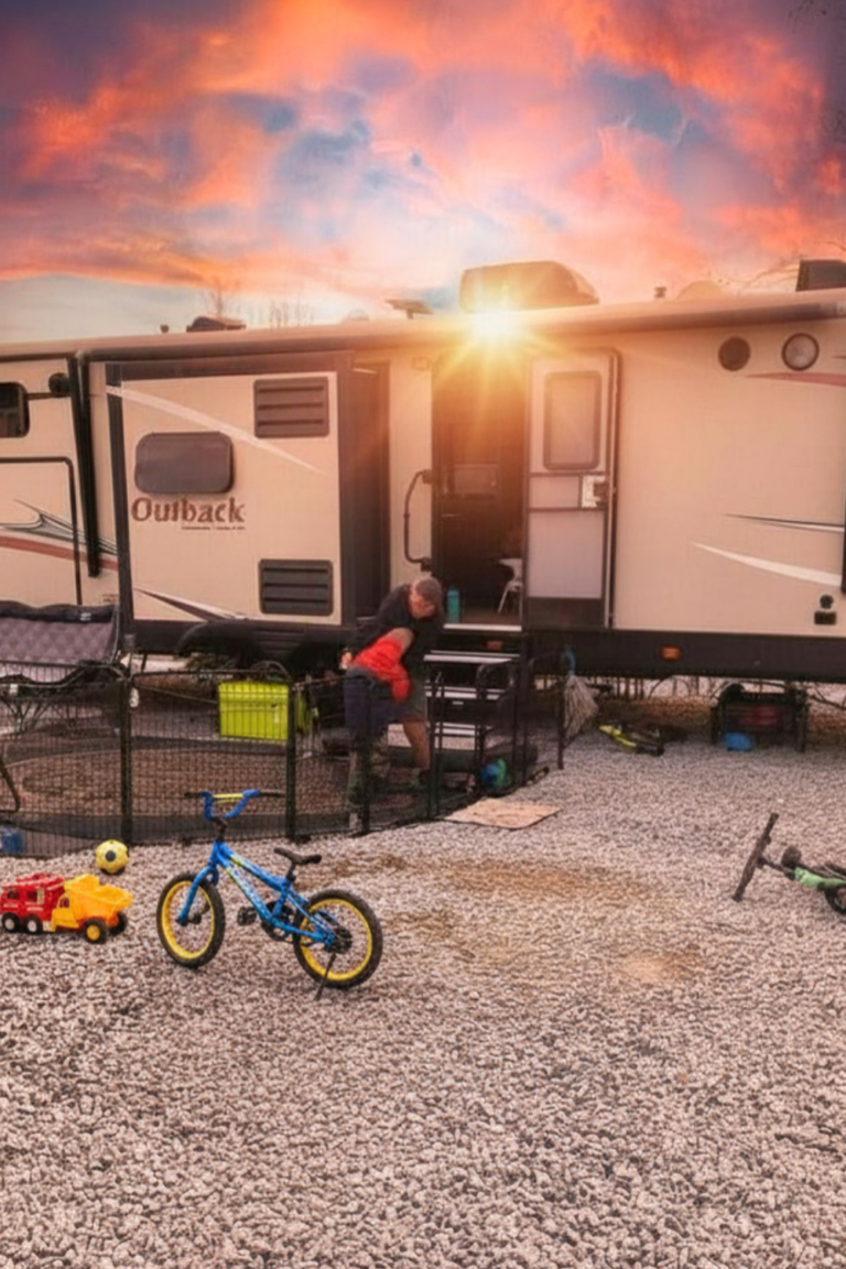 Bikes parked outside a family RV during full time RV living with kids