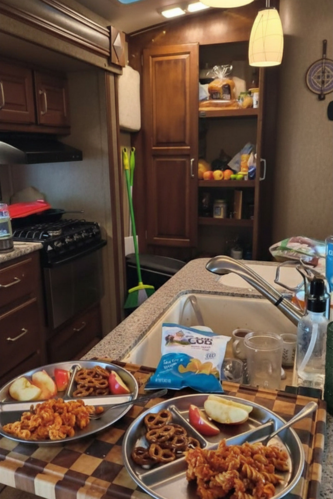 29 Genius RV Storage Ideas for Small Spaces with Kids 14 RV organization hacks featuring neatly organized pantry food and clutter-free kitchen countertops for everyday RV living