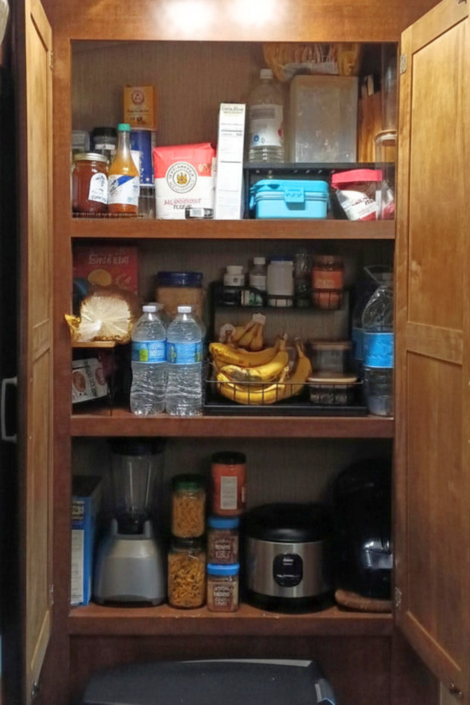 29 Genius RV Storage Ideas for Small Spaces with Kids 15 RV organization products and clear pantry containers creating organized food storage on adjustable shelves