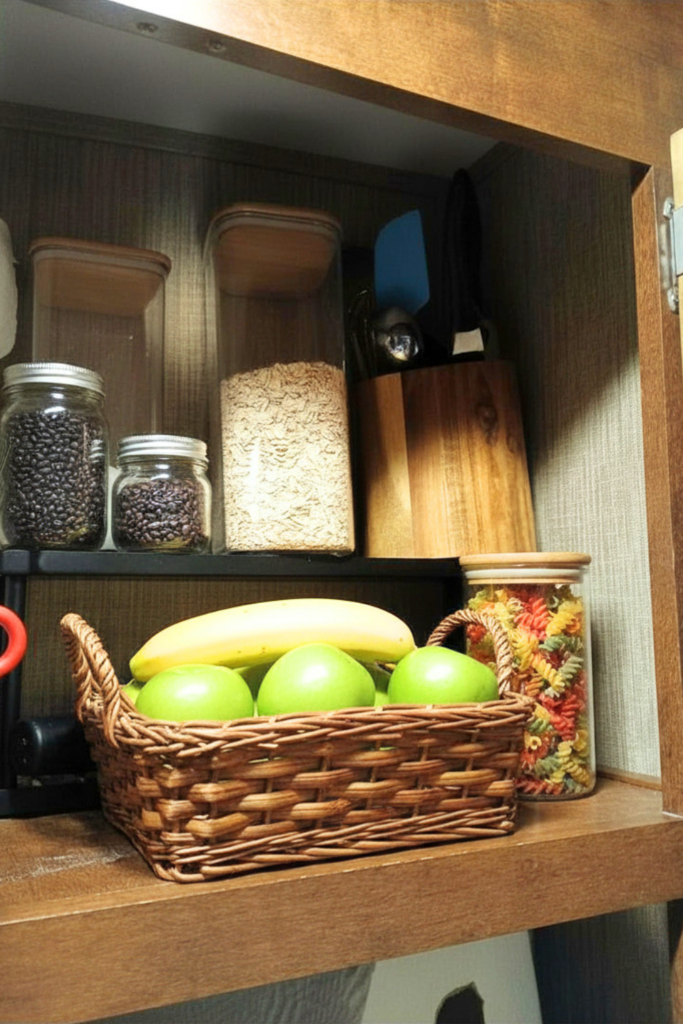 29 Genius RV Storage Ideas for Small Spaces with Kids 16 RV storage hacks featuring clear food storage containers to keep pantry items organized and easy to find