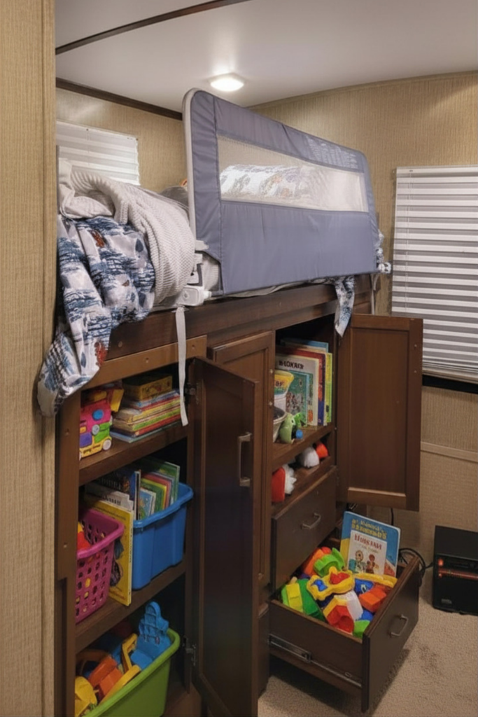 29 Genius RV Storage Ideas for Small Spaces with Kids 18 RV storage hacks for small spaces using labeled bins to organize kids' toys and books in a family RV bedroom