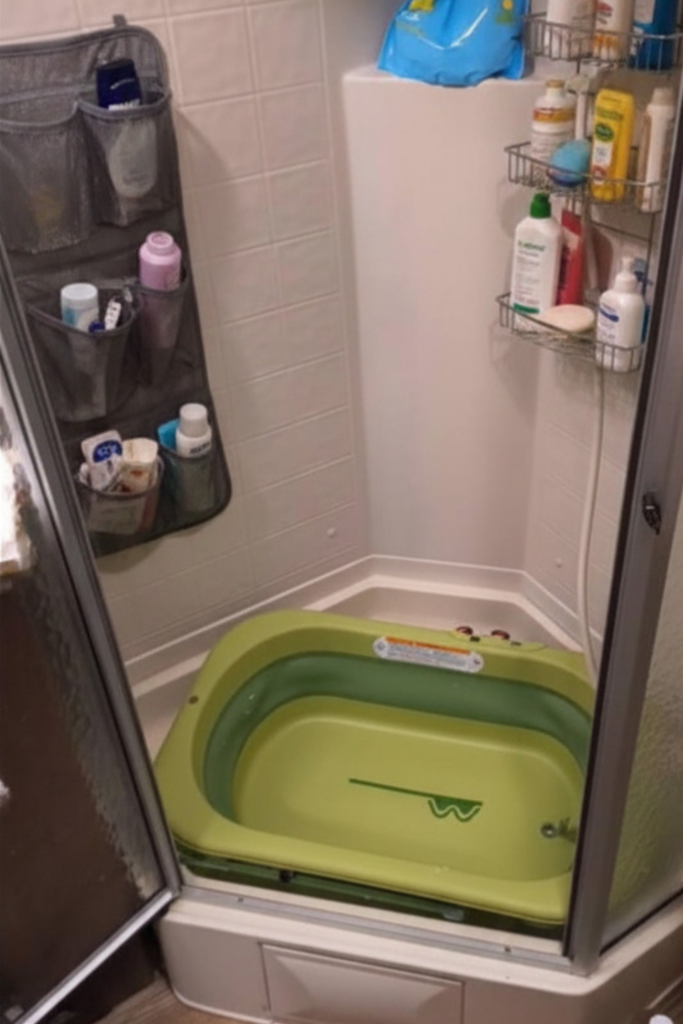 29 Genius RV Storage Ideas for Small Spaces with Kids 19 RV storage hacks for small spaces using wall-mounted shower organizers to store bath products in a family RV bathroom with a kid