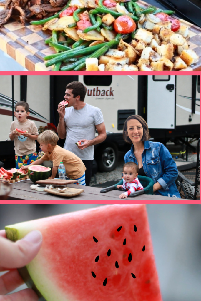 Full Time RV Living With Kids: 9 Essential Tips for a Successful Workamping Life 4 family eating dinner outside rv life with kids