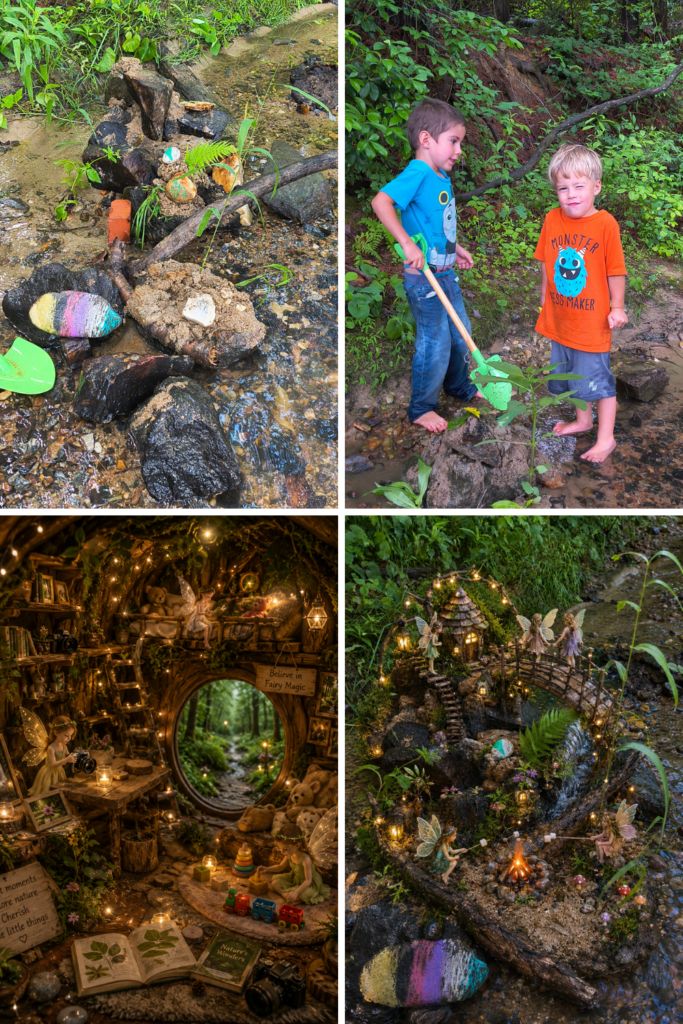 RV Activities for Kids: 50+ Amazing Ideas for Fun Family RV Living 18 Children collecting rocks, moss, and leaves in a local stream to build a fairy village as one of the best camping activities for kids during an RV family adventure.