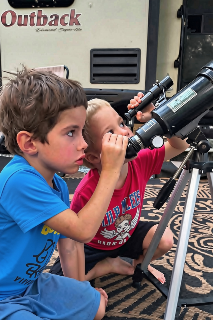 RV Activities for Kids: 50+ Amazing Ideas for Fun Family RV Living 17 Children using a telescope for stargazing as one of the best nighttime camping activities for kids.
