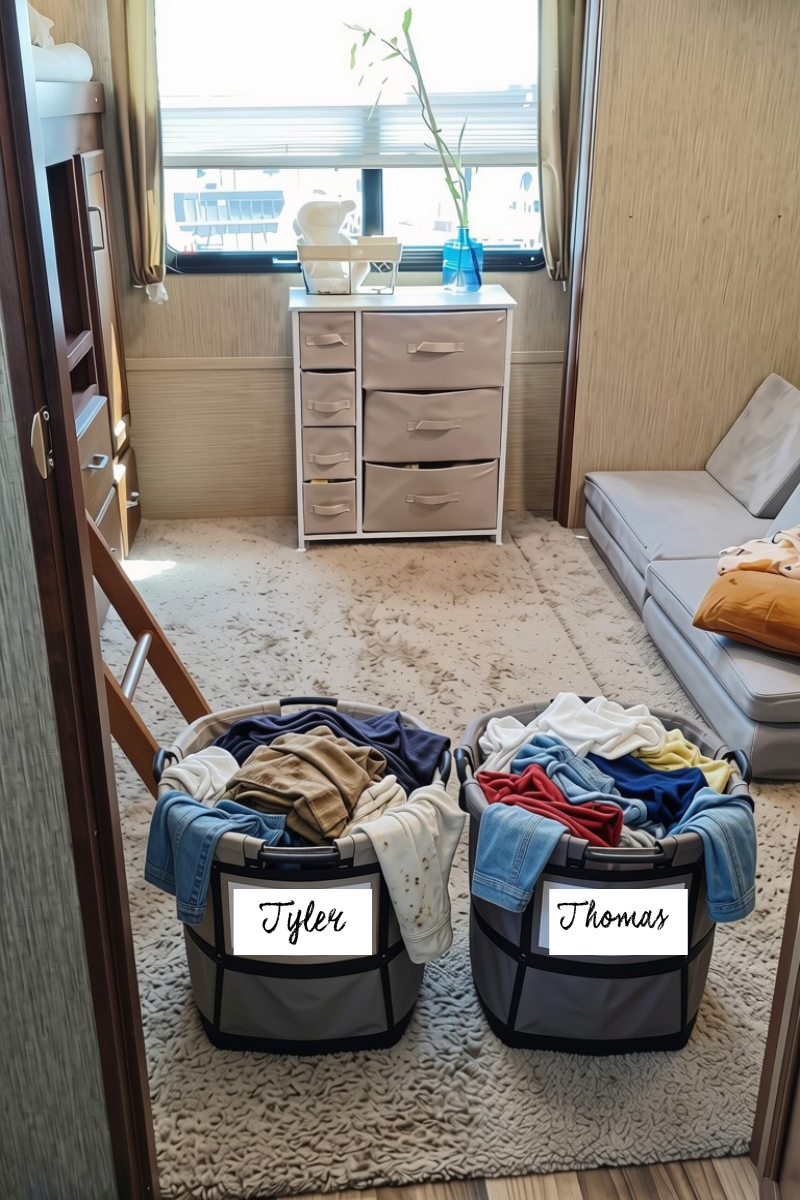 Collapsible laundry hamper storing dirty clothes in a small RV living space