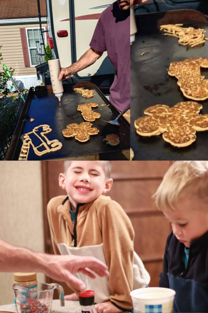 RV Activities for Kids: 50+ Amazing Ideas for Fun Family RV Living 4 Dad and children making pancake art and healthy snacks as fun RV kid friendly activities for families