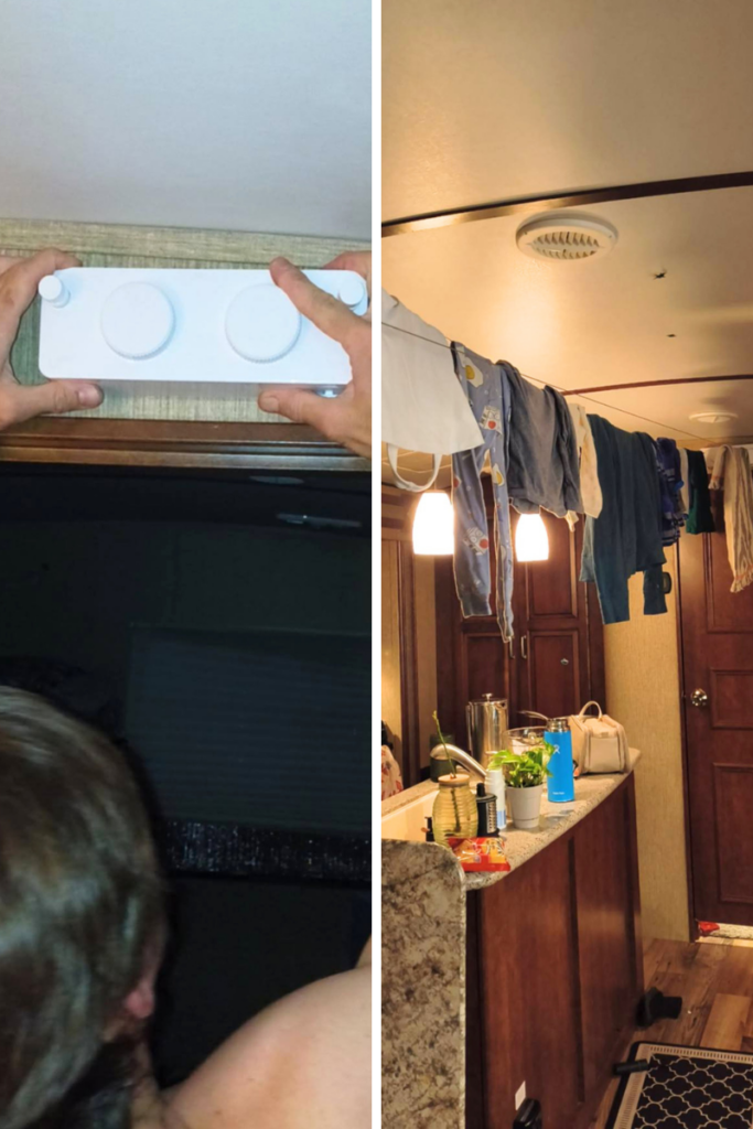 15 RV Laundry Hacks: Easy Secrets to Make Laundry Less Stressful 12 Extendable clothesline drying laundry inside an RV to save space and reduce dryer use