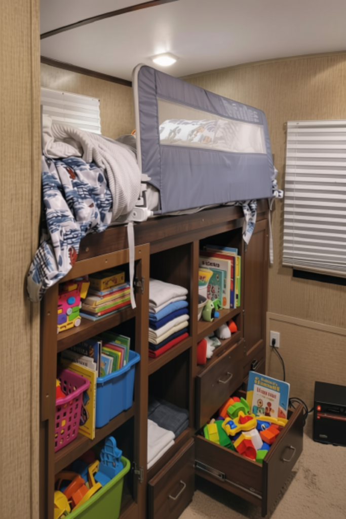 15 RV Laundry Hacks: Easy Secrets to Make Laundry Less Stressful 6 Organized kids' clothing storage in an RV bunk room for full-time RV families