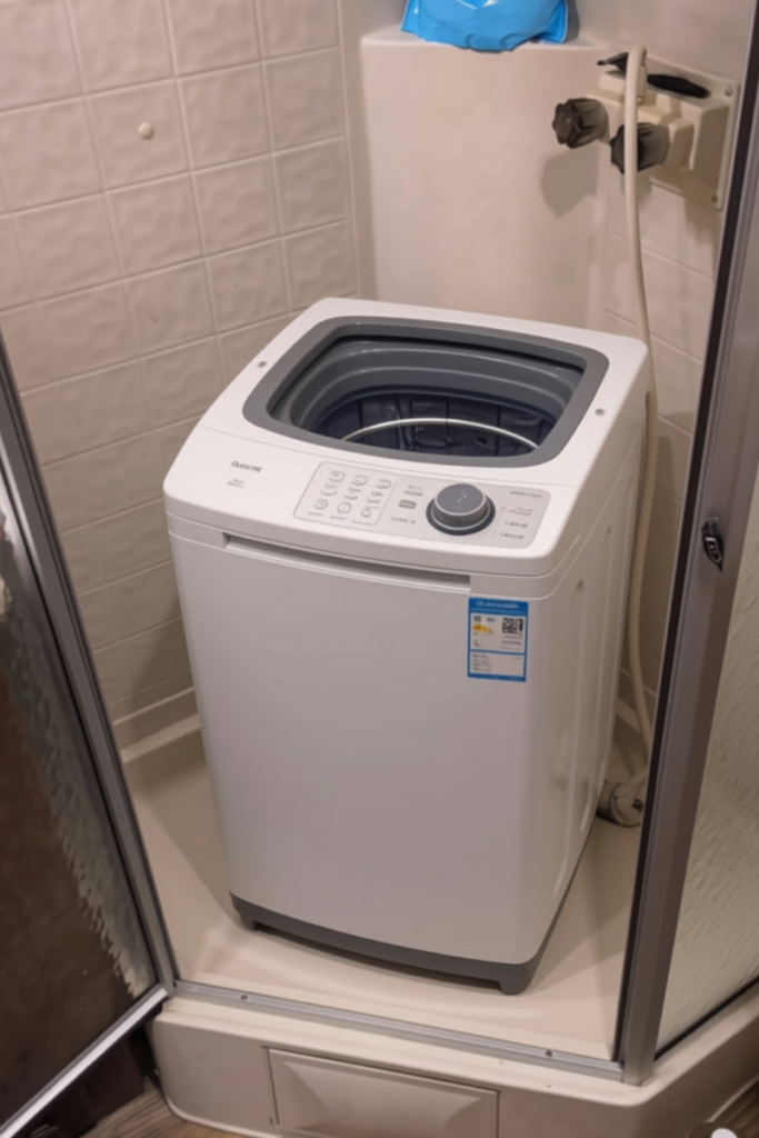 15 RV Laundry Hacks: Easy Secrets to Make Laundry Less Stressful 8 Portable washing machine inside an RV shower for convenient full-time RV laundry