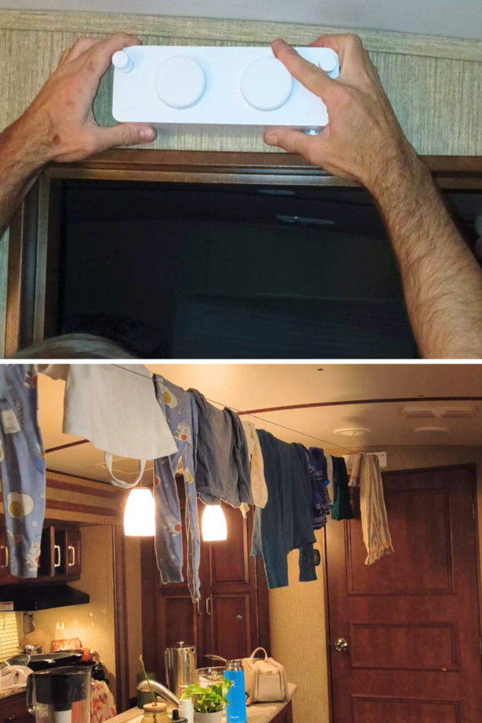 29 Genius RV Storage Ideas for Small Spaces with Kids 20 RV Bathroom Storage Hacks featuring a hanging clothesline used to air-dry wet laundry, swimsuits, and kidsโ clothing inside a sm