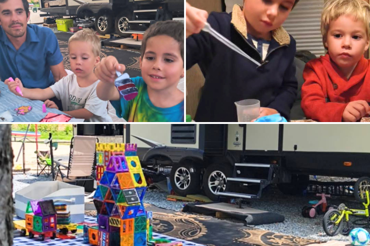 RV activities for kids including hands-on crafts, Magna-Tiles building, and science experiments while camping