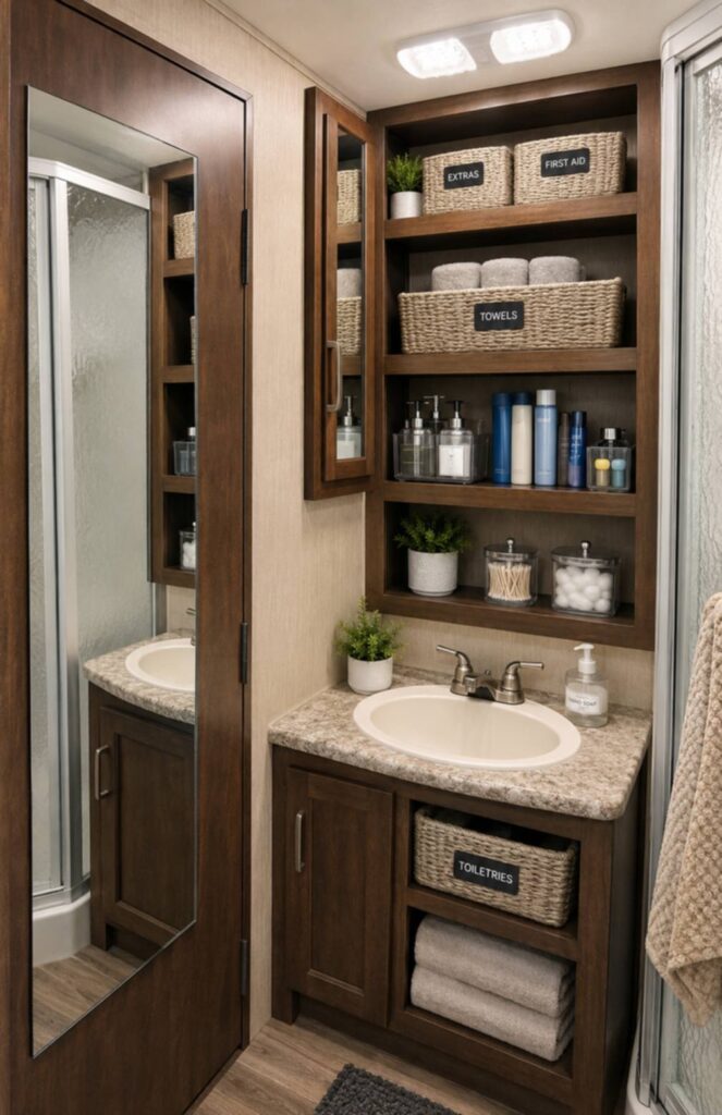 RV bathroom storage solutions with organized storage behind the medicine cabinet mirror and under the sink using baskets, bins, and drawer organizers to maximize space in a small RV bathroom.