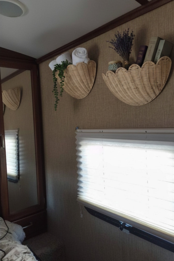 29 Genius RV Storage Ideas for Small Spaces with Kids 21 RV wall storage baskets mounted inside an RV used for organizing books, socks, and small everyday items to maximize space and keep essentials easily accessible
