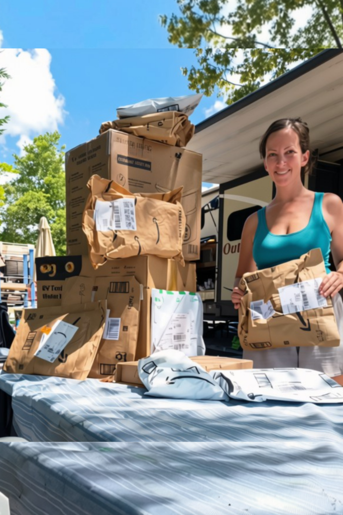 Work With Me: 4 Strategic Ways to Promote Your Brand 4 Trisha Rogers holding brand packages in front of her RV for UGC and brand partnership collaborations