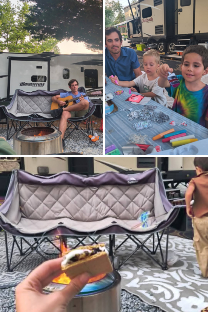Family enjoying RV life with s’mores, kids crafts, and music by the campfire