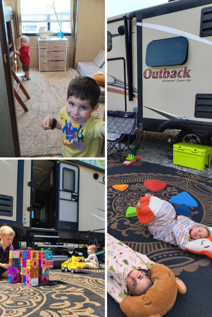 Kids enjoying their RV space indoors and outdoors with Magna-Tiles and sleeping bags