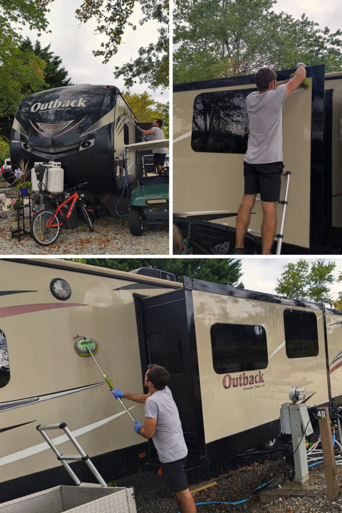 Husband using RV cleaning hacks to clean the exterior of our RV