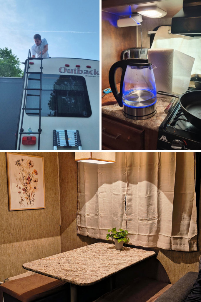 RV cleaning and maintenance supplies with clean RV kitchen and roof inspection