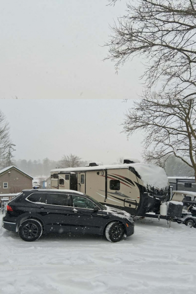 RV in the snow for stationary RV setup for winter
