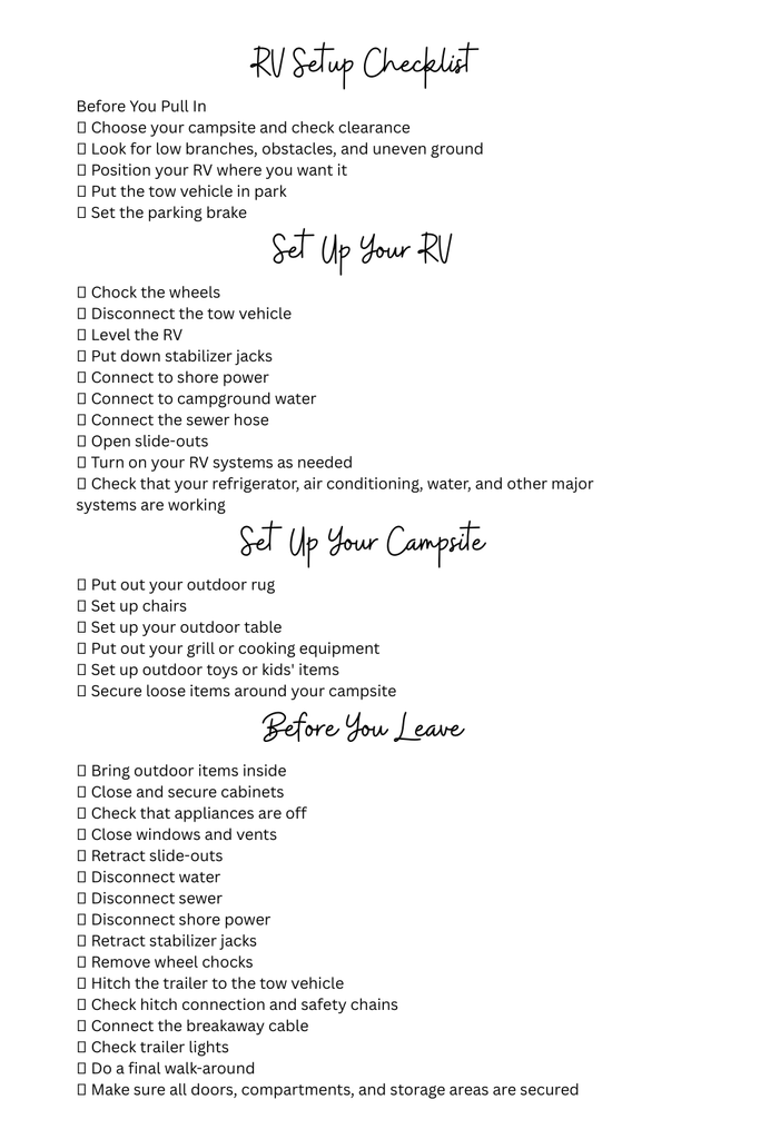 RV tips for beginners checklist for setting up and packing up an RV