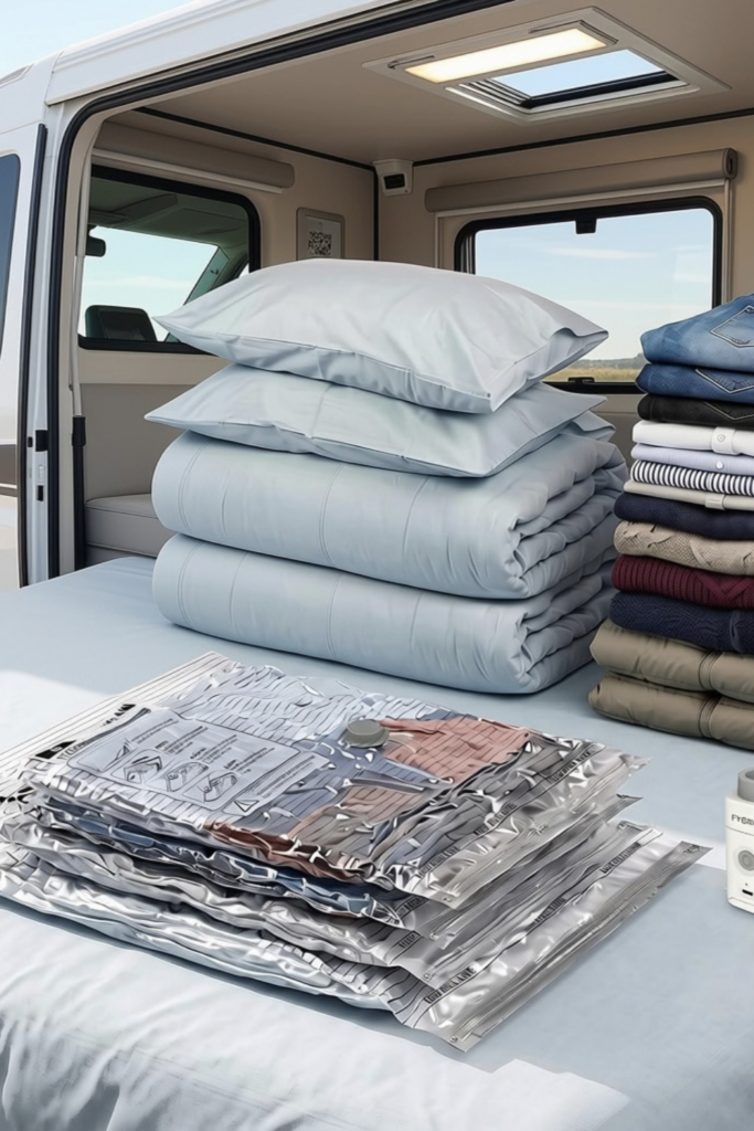 Suction storage bags on an RV bed for RV storage ideas