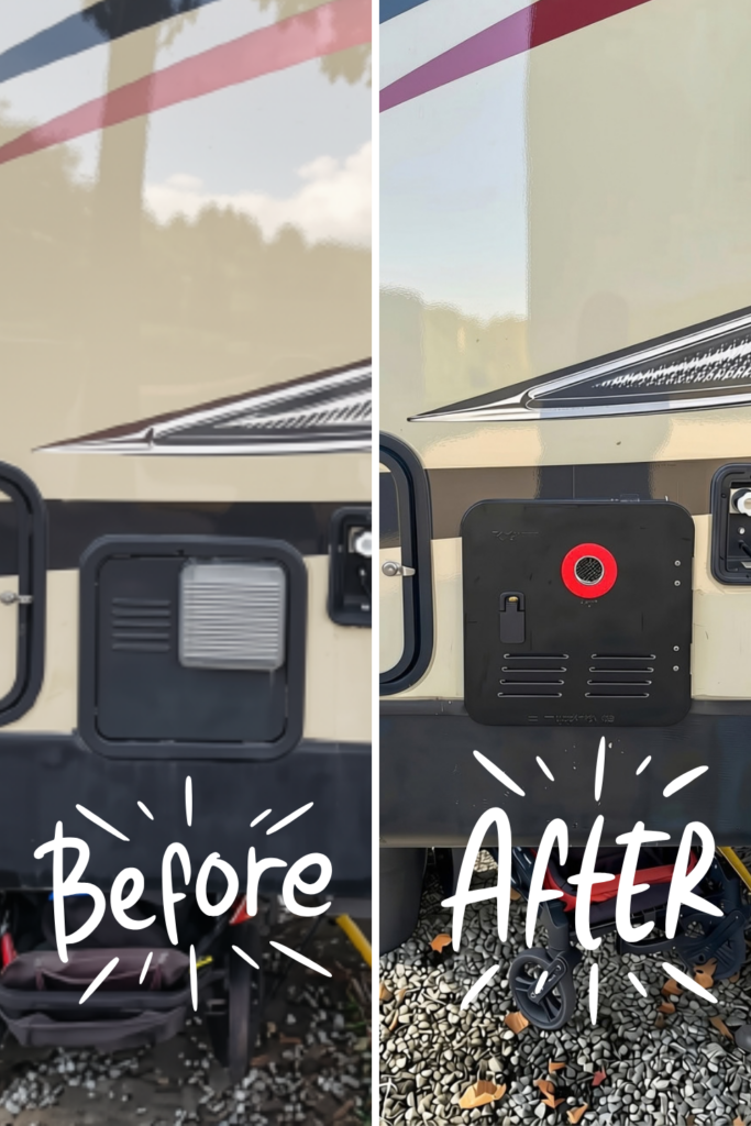 Before and after replacing an RV water heater with a Fogatti tankless water heater