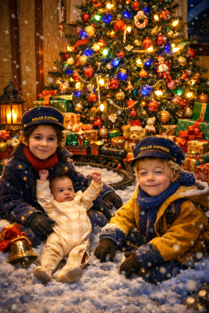 Christmas in an RV: 9 Cozy Ideas for a Magical Holiday 9 Children smiling excitedly in front of the family Christmas tree inside our RV