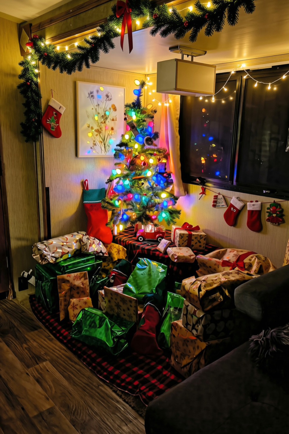 Christmas in an RV with a decorated tree, wrapped presents, garland, and sparkling hanging lights