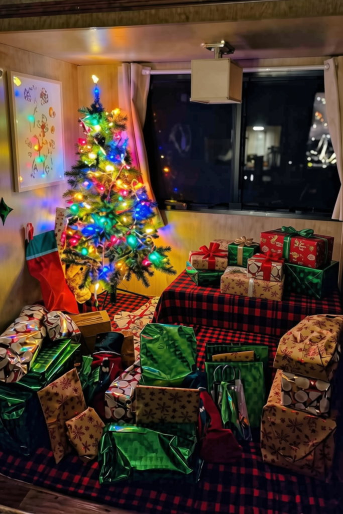 Christmas in an RV: 9 Cozy Ideas for a Magical Holiday 7 Christmas presents neatly grouped and organized beside the tree in our RV
