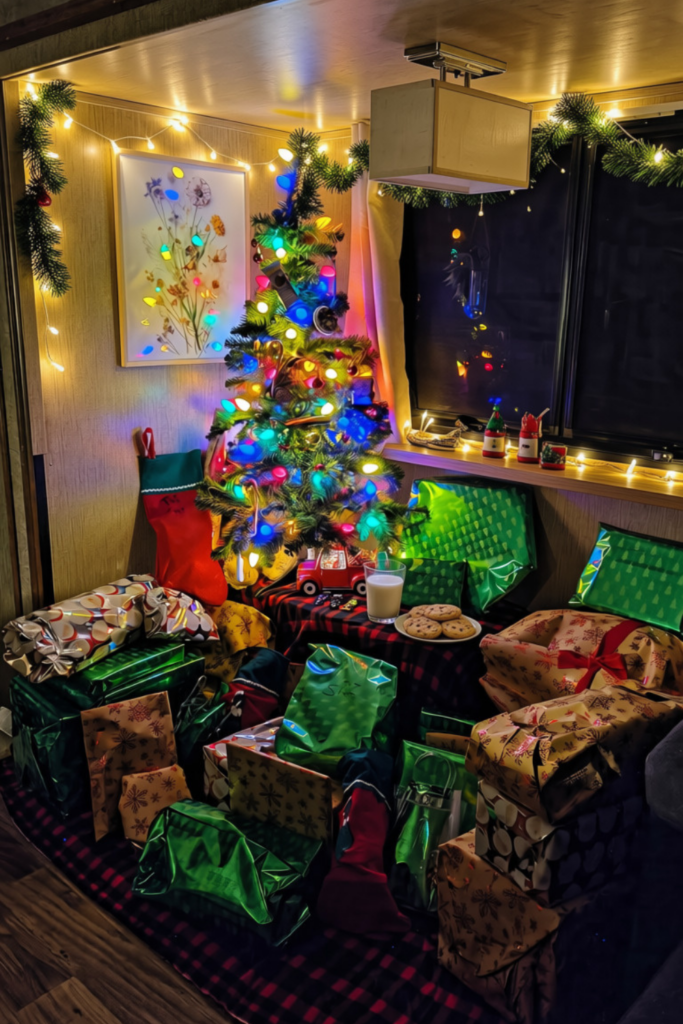 Christmas in an RV: 9 Cozy Ideas for a Magical Holiday 4 Christmas tree surrounded by wrapped gifts in our cozy RV living space