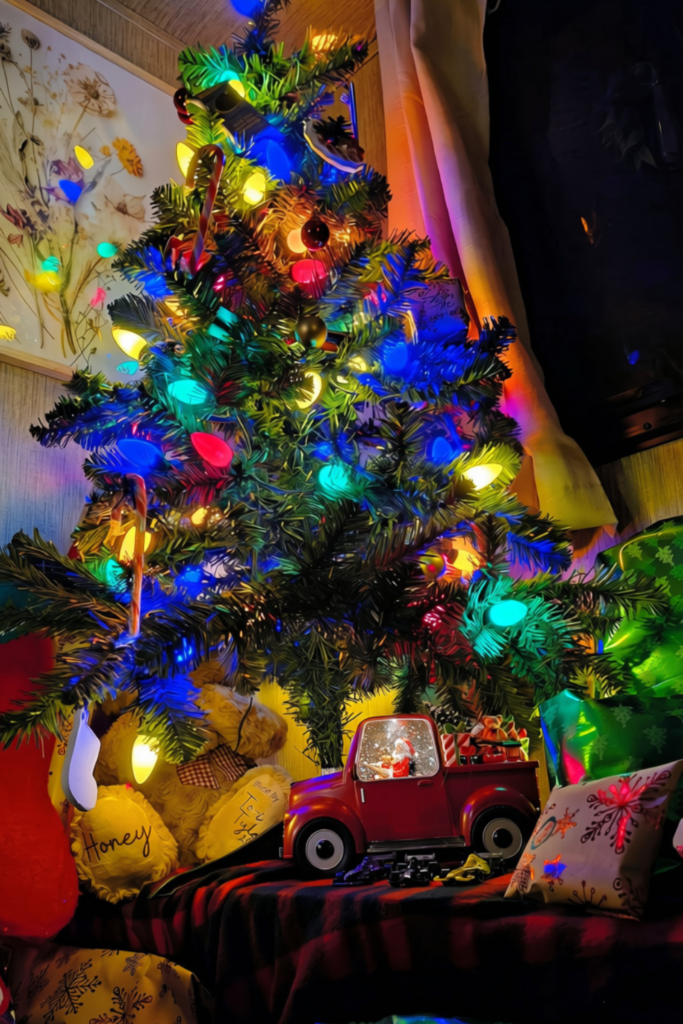 Christmas in an RV: 9 Cozy Ideas for a Magical Holiday 2 Close-up of a Christmas tree sized to fit inside our RV