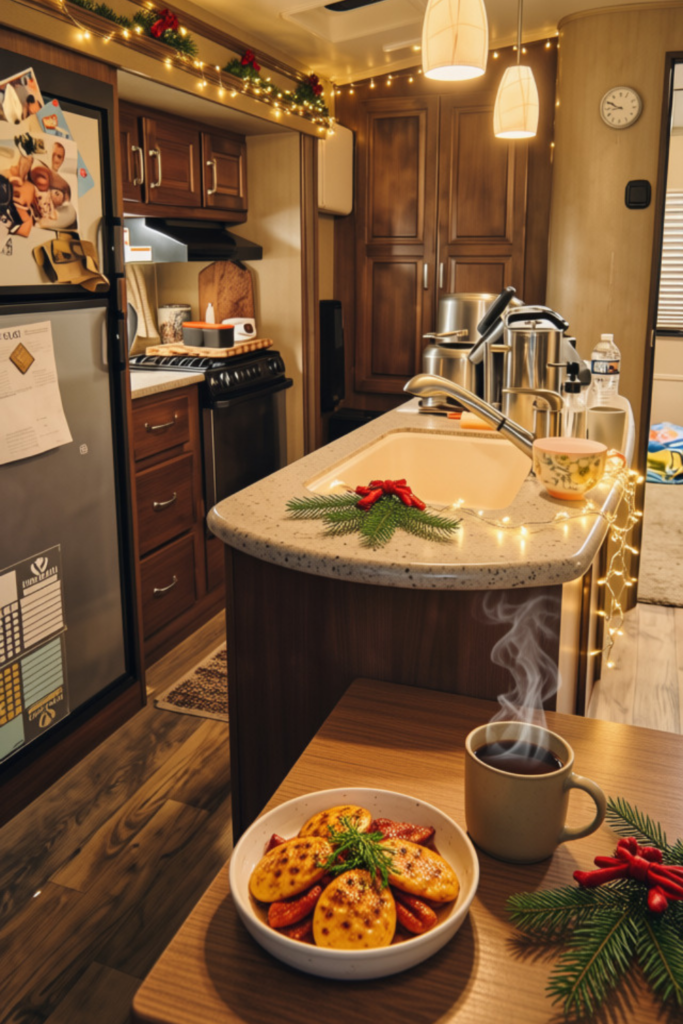 Christmas in an RV: 9 Cozy Ideas for a Magical Holiday 8 Cozy Christmas meal and steaming hot coffee in a small RV kitchen with simple holiday decorations