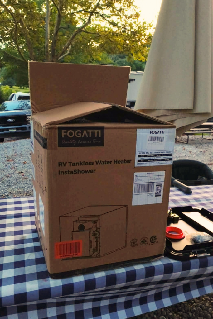 Fogatti InstaShower 8 Pro RV tankless water heater and installation door