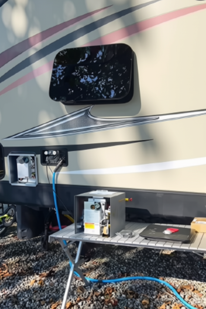 Fogatti tankless water heater installation setup inside an RV