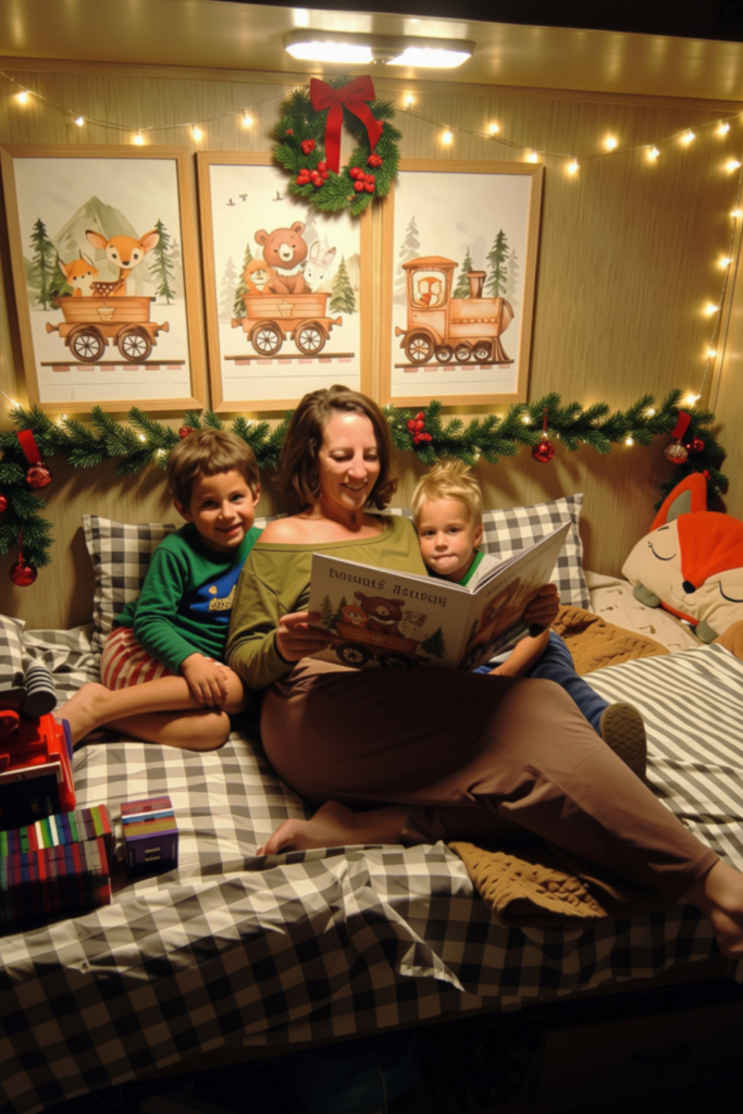 Christmas in an RV: 9 Cozy Ideas for a Magical Holiday 6 Mom reading a Christmas storybook to her boys in their RV bedroom with simple Christmas decorations
