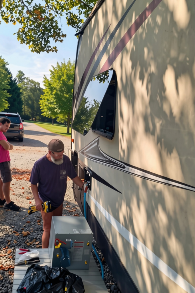 RV technician installing a Fogatti tankless water heater